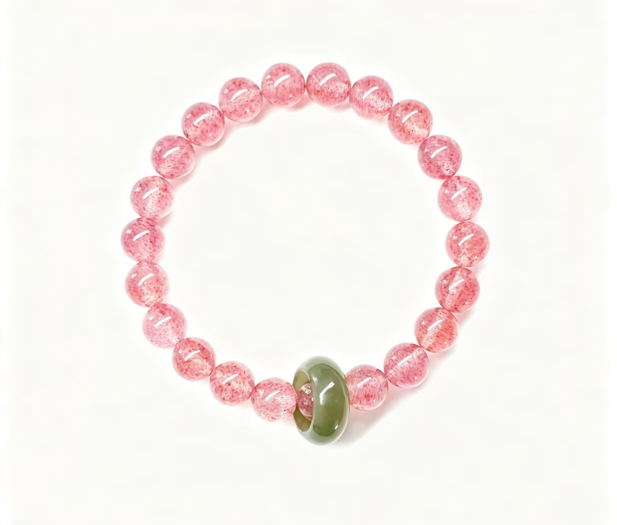 Natural Strawberry Quartz Bracelet With Hetian Jade Ring, Attract True Love Crystal Beaded Bracelet