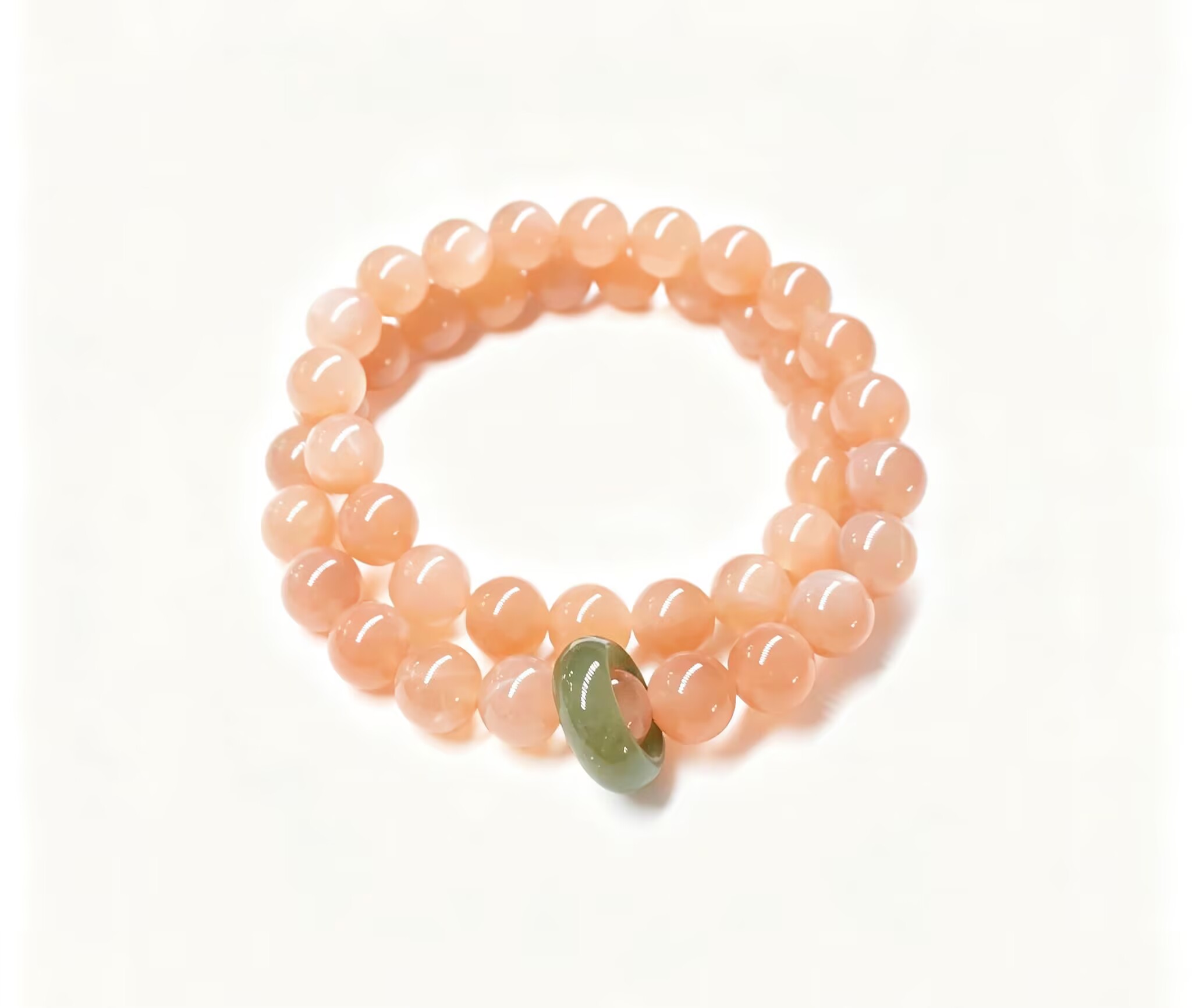 Peach Orange Chalcedony Bracelet with Hetian Jade Sliding Ring, Oriental Healing Jewelry